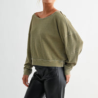 Raw Edge Waffle Knit Boatneck Pullover
