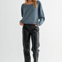 Raw Edge Waffle Knit Boatneck Pullover
