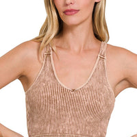 Stone Washed V Neck Padded Bra Top