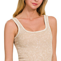 Stone Washed Padded Ribbed Crop Tank
