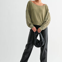 Raw Edge Waffle Knit Boatneck Pullover