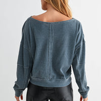 Raw Edge Waffle Knit Boatneck Pullover