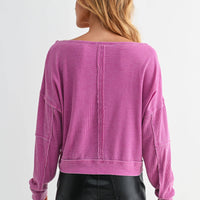 Raw Edge Waffle Knit Boatneck Pullover