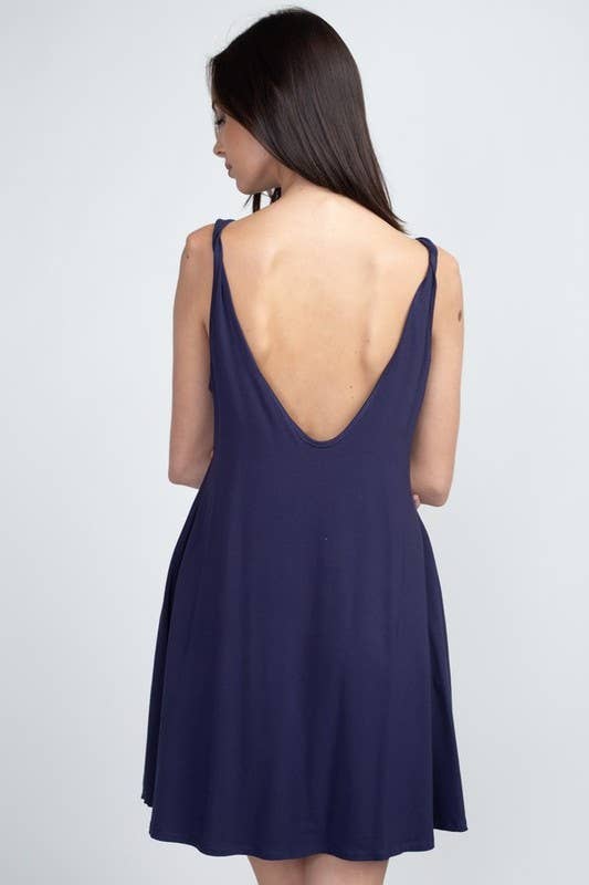 Twist Strap Low Back Dress with Pockets