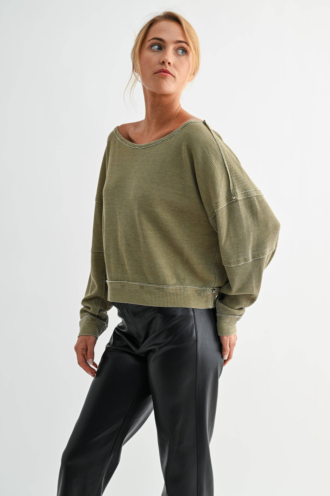 Raw Edge Waffle Knit Boatneck Pullover