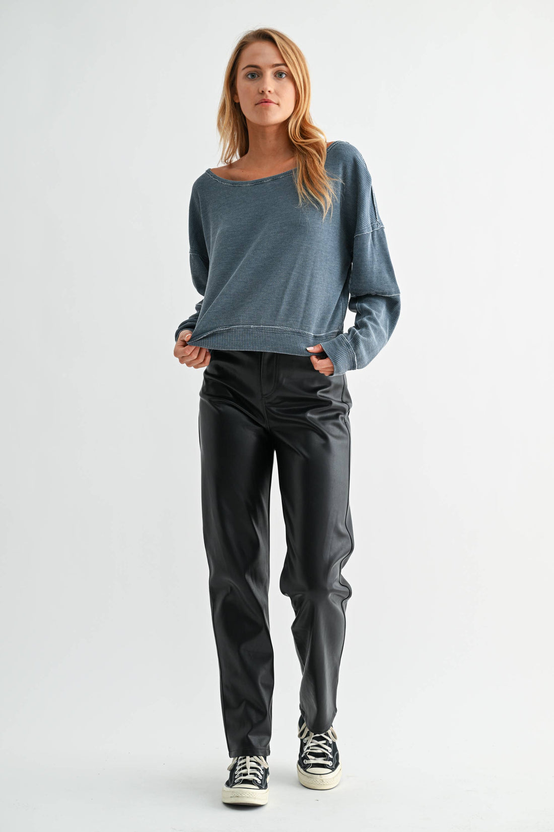 Raw Edge Waffle Knit Boatneck Pullover