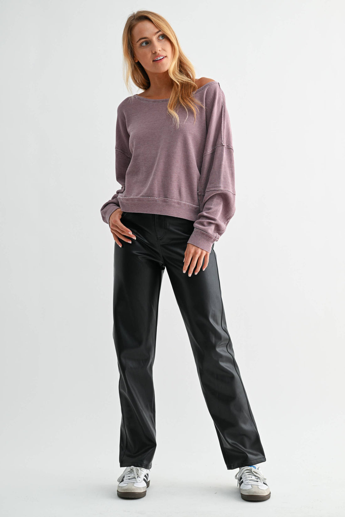 Raw Edge Waffle Knit Boatneck Pullover