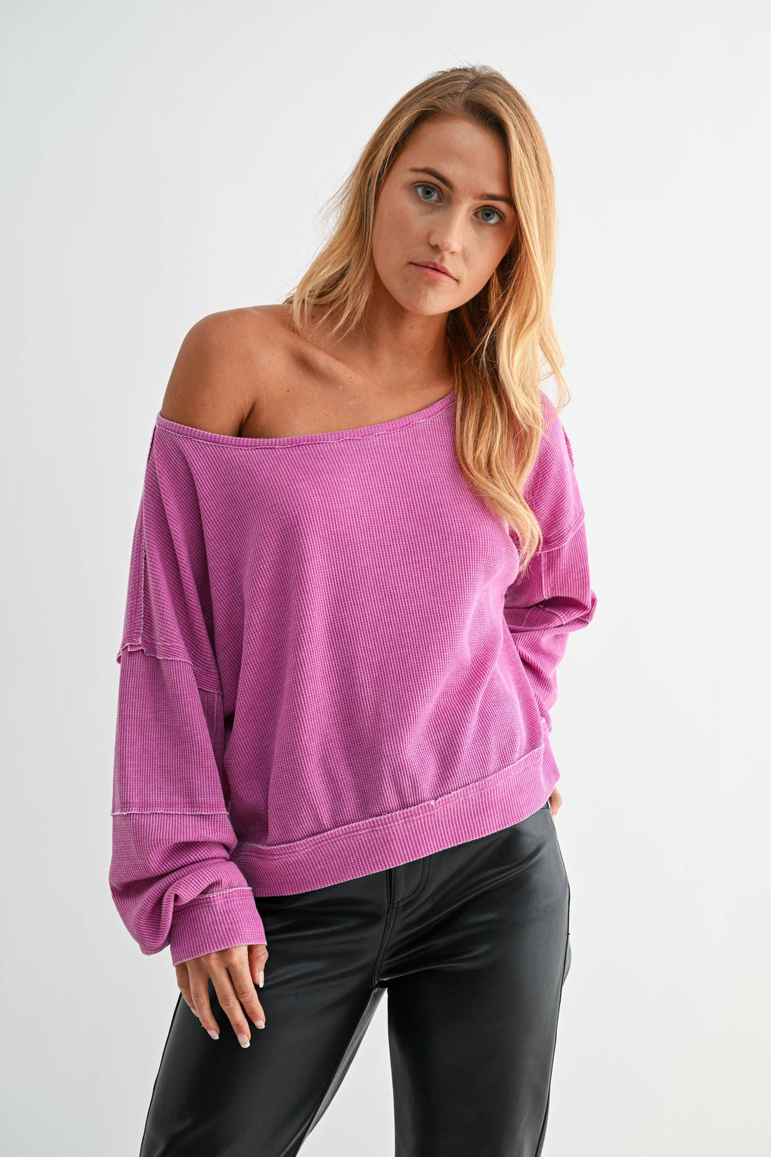 Raw Edge Waffle Knit Boatneck Pullover