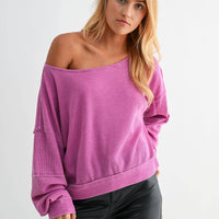 Raw Edge Waffle Knit Boatneck Pullover