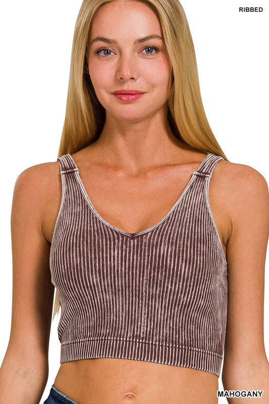 Stone Washed V Neck Padded Bra Top