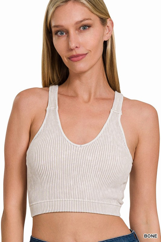 Stone Washed V Neck Padded Bra Top