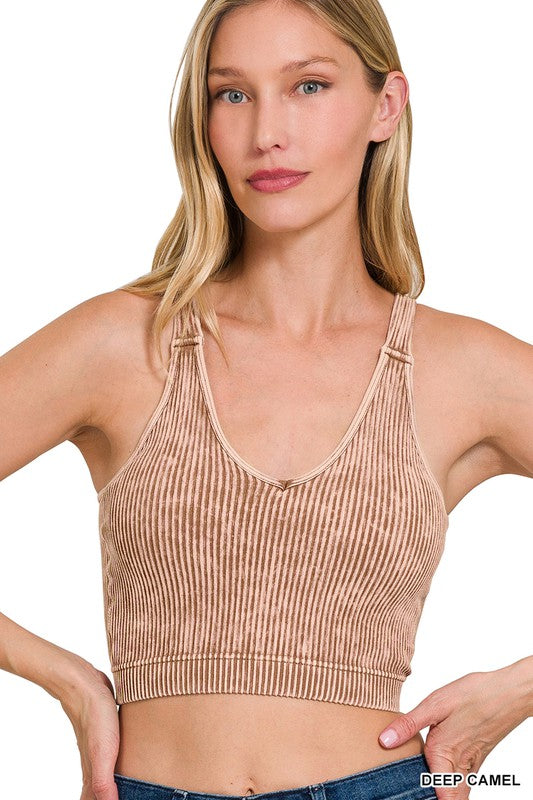 Stone Washed V Neck Padded Bra Top