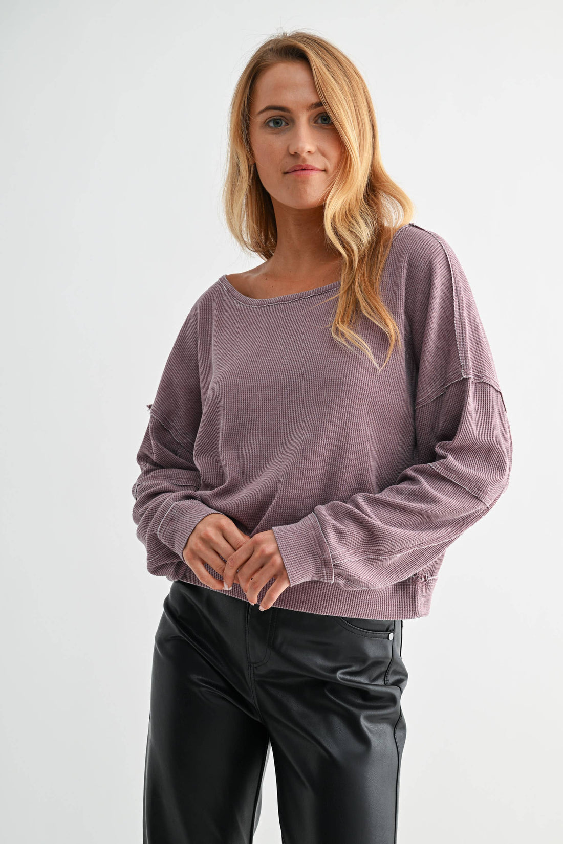 Raw Edge Waffle Knit Boatneck Pullover