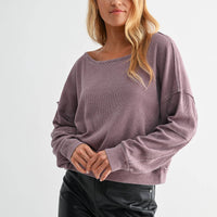 Raw Edge Waffle Knit Boatneck Pullover