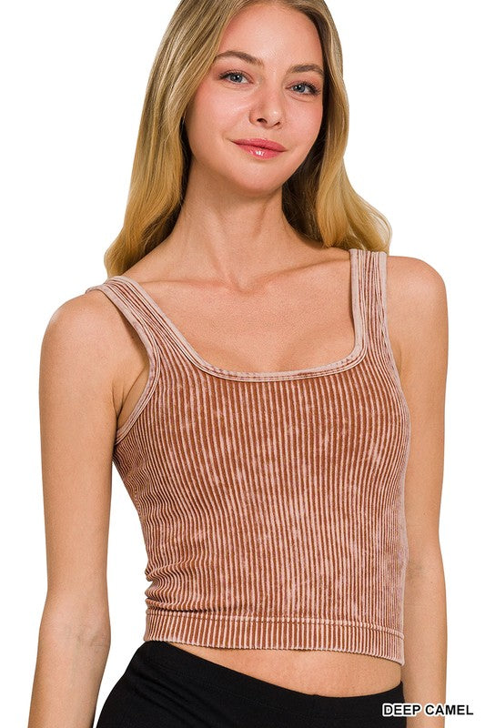 Stone Washed Padded Ribbed Crop Tank
