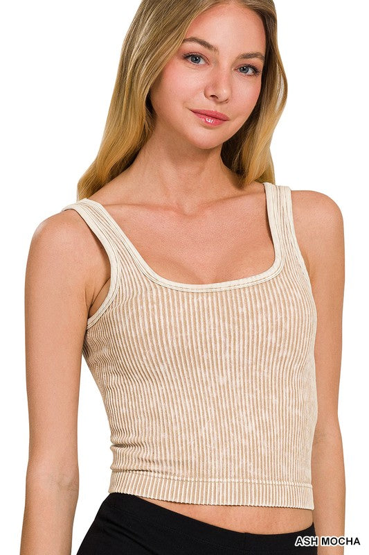 Stone Washed Padded Ribbed Crop Tank