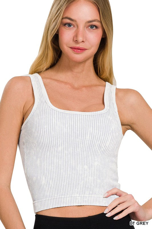 Stone Washed Padded Ribbed Crop Tank