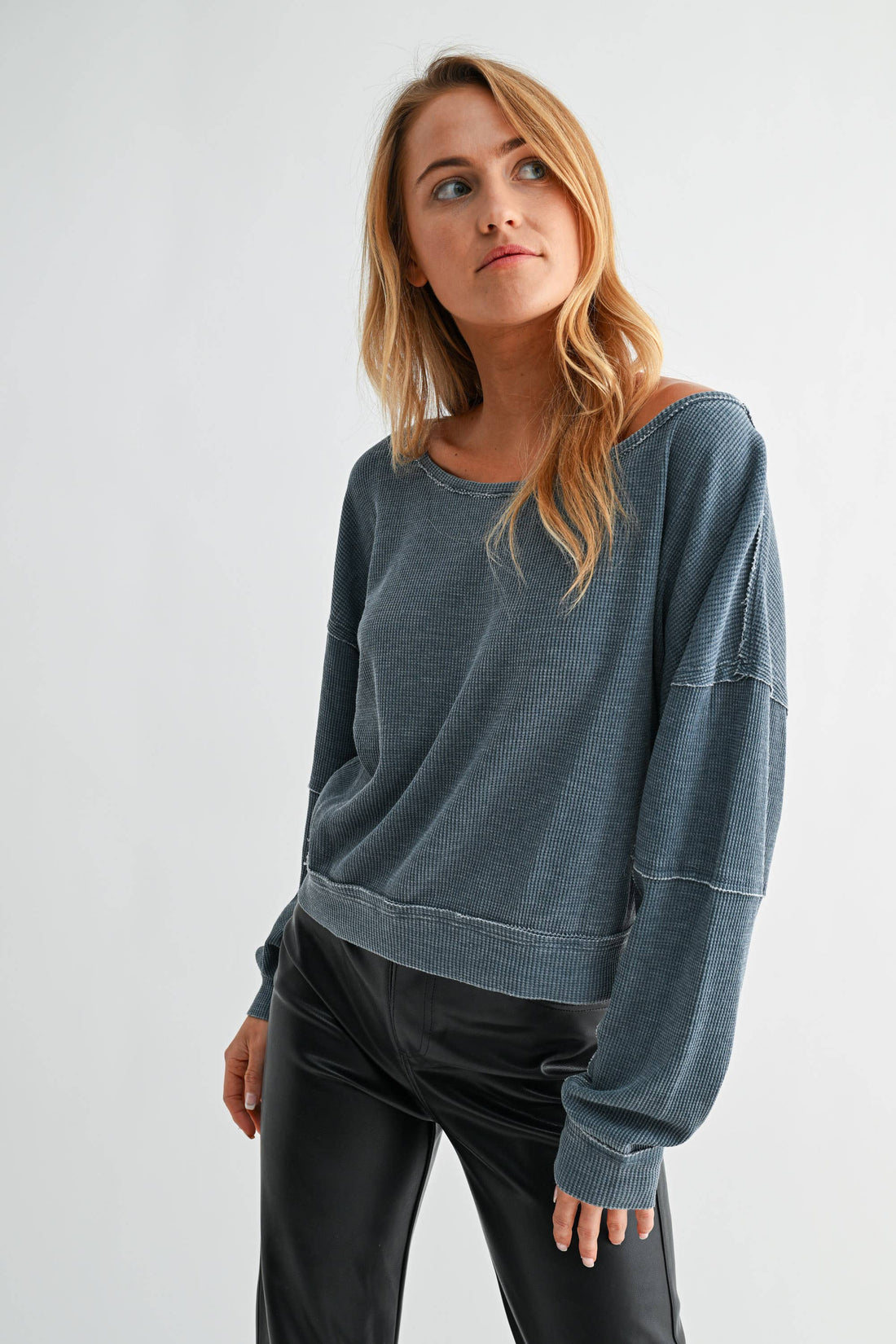 Raw Edge Waffle Knit Boatneck Pullover