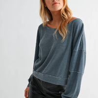 Raw Edge Waffle Knit Boatneck Pullover