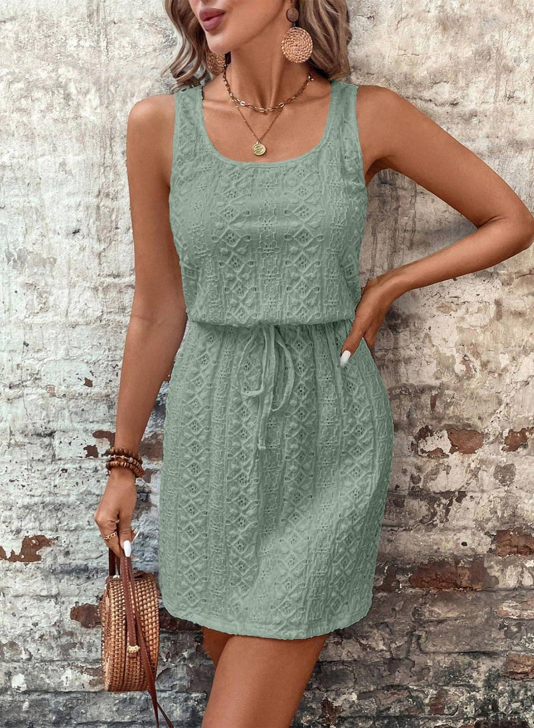 Sleeveless Lace Drawstring Dress