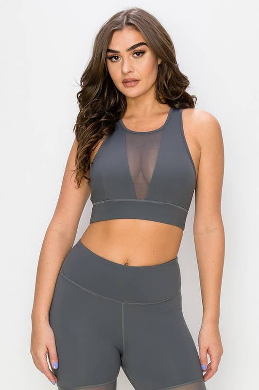 Deep V-Neck Mesh Activewear Sports Bra