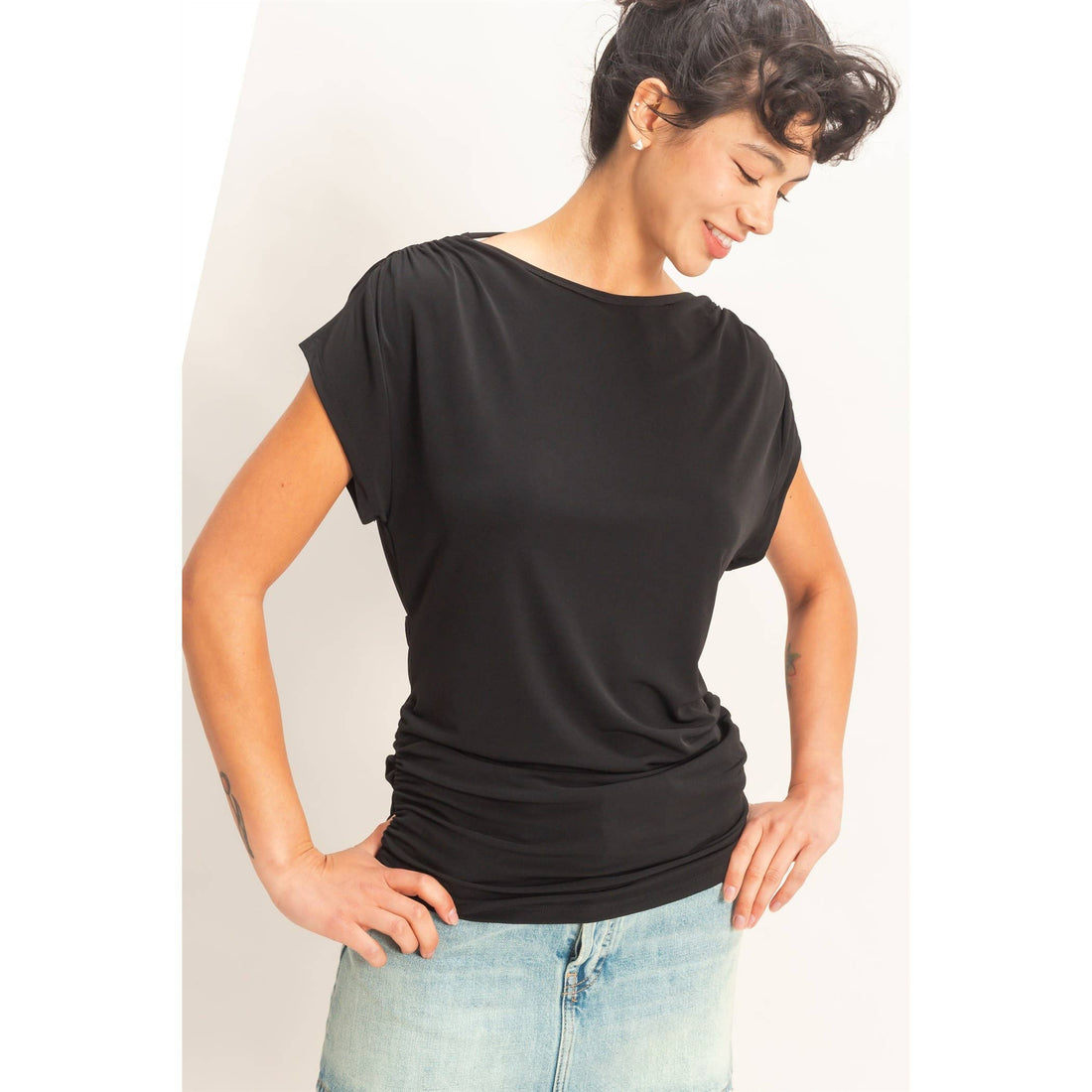Cowl Back Draped Cap Sleeve Top
