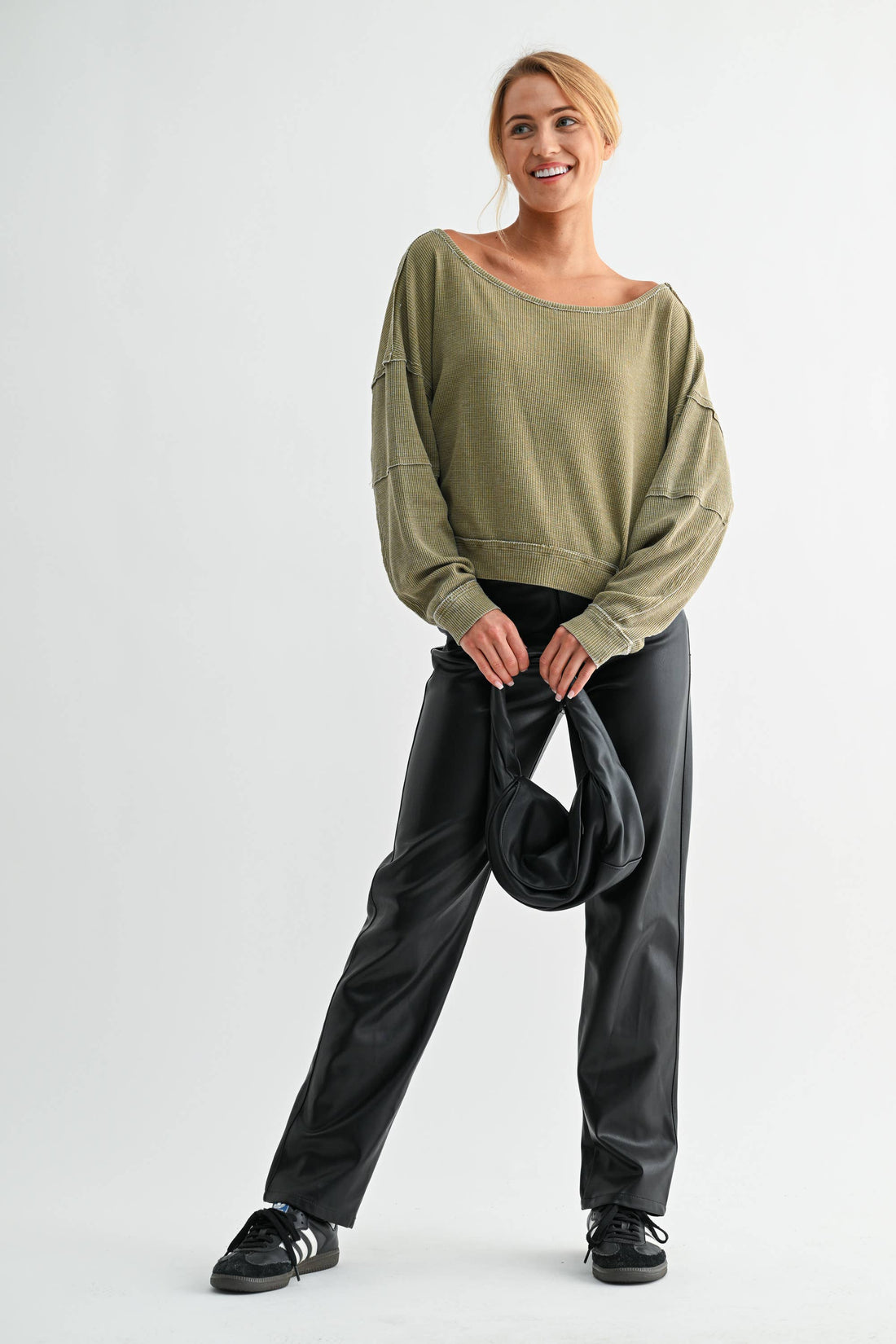 Raw Edge Waffle Knit Boatneck Pullover