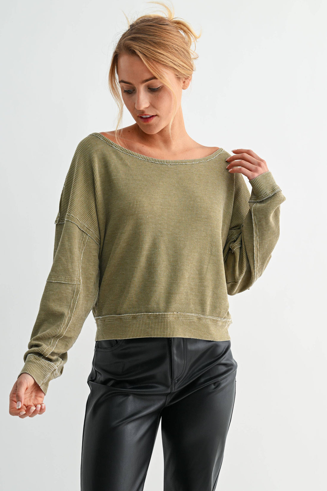 Raw Edge Waffle Knit Boatneck Pullover