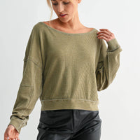 Raw Edge Waffle Knit Boatneck Pullover