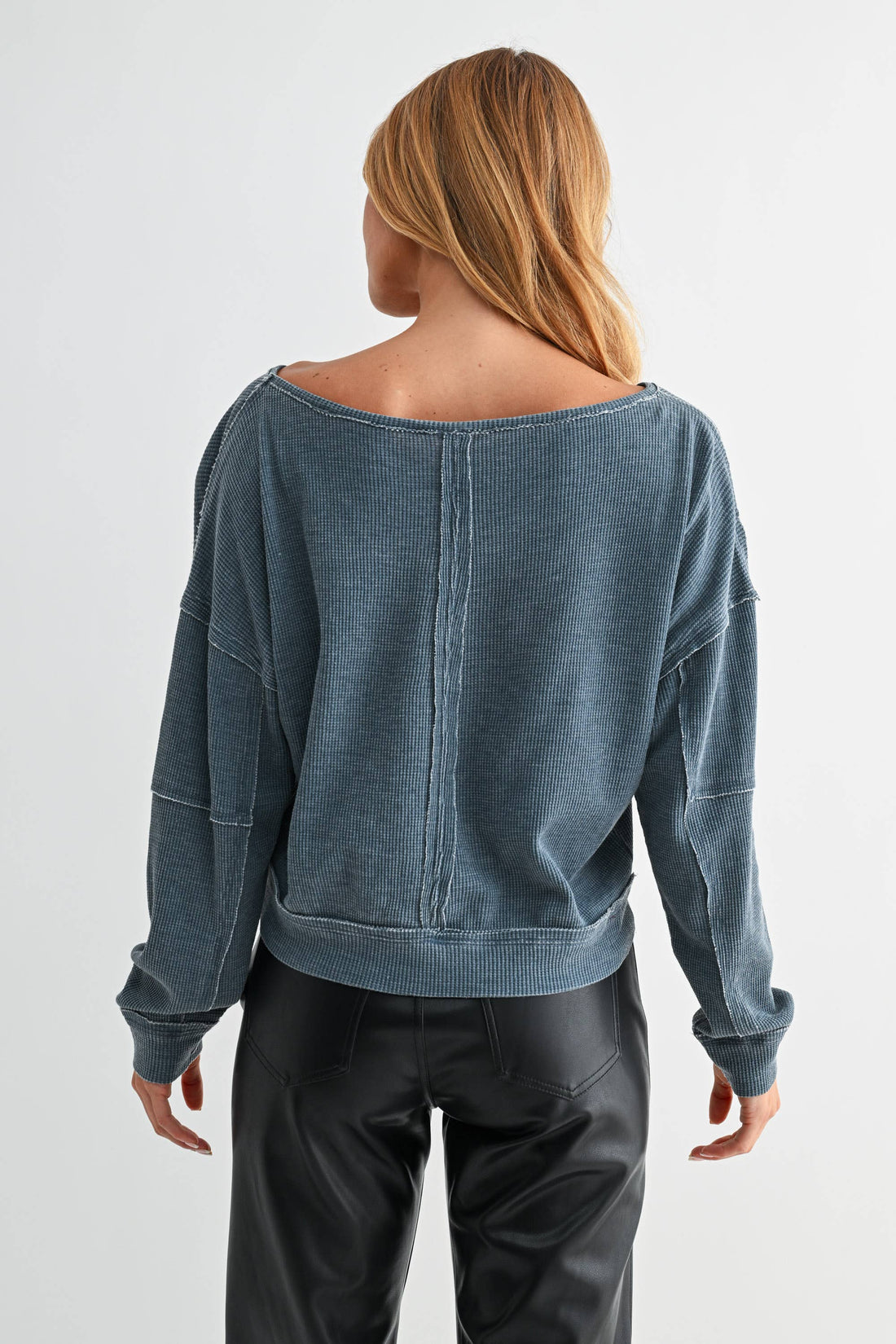 Raw Edge Waffle Knit Boatneck Pullover