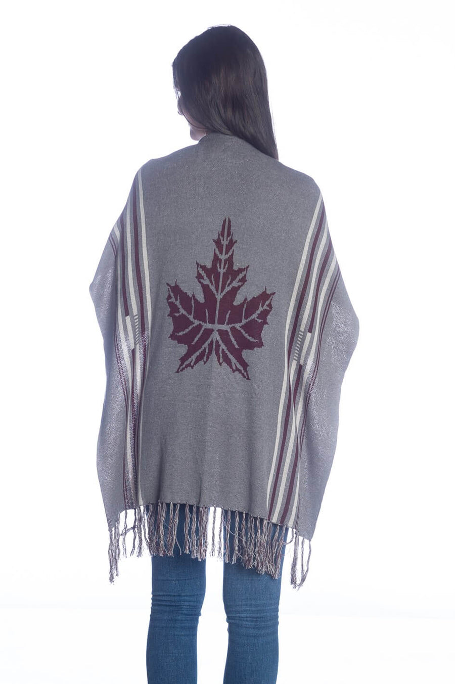 Knitted Cape with Fringe and Leaf Design on the Back