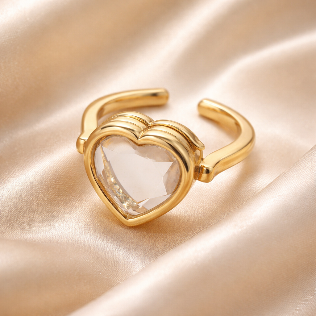 Memory Locket Heart-Shaped Ring with Faceted Crystal – Adjustable Charm Holder