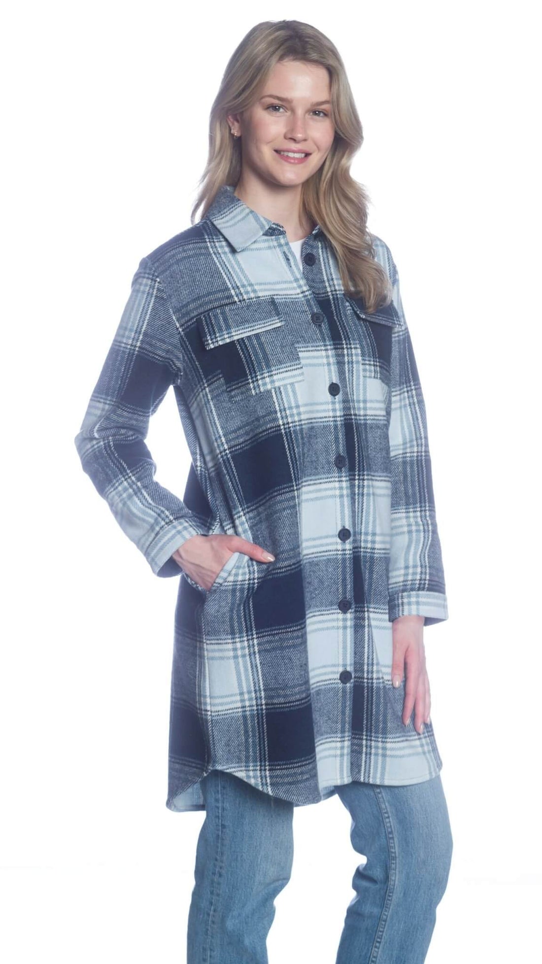 Long Body Button-Up Shirt Jacket with Chest and Side Seam Pockets