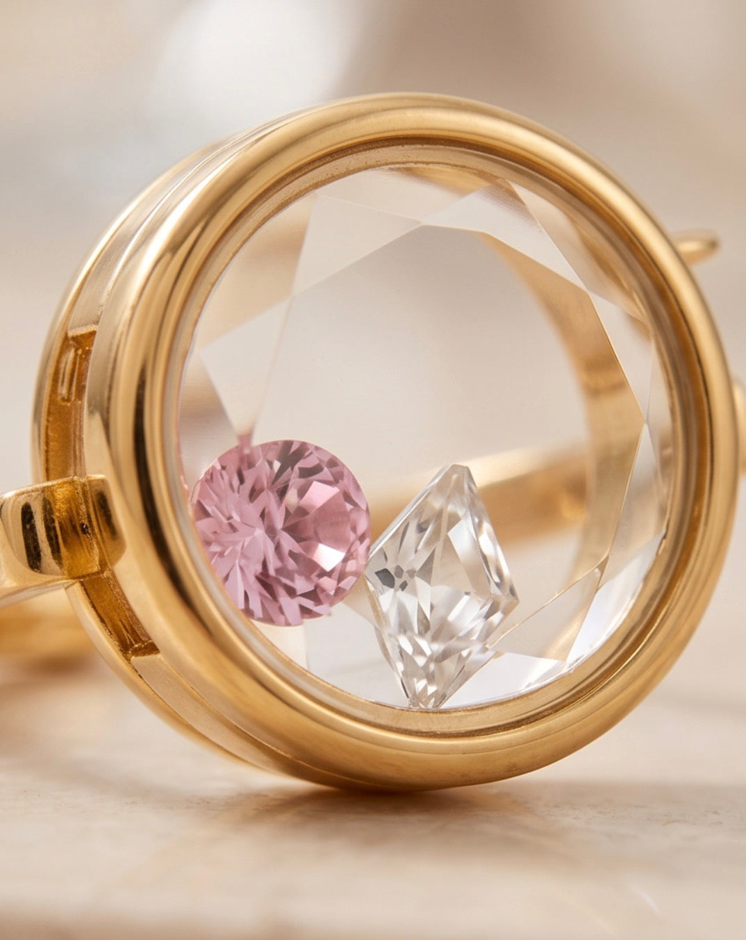 Memory Locket Oval Ring with Faceted Crystal - Adjustable Charm Holder