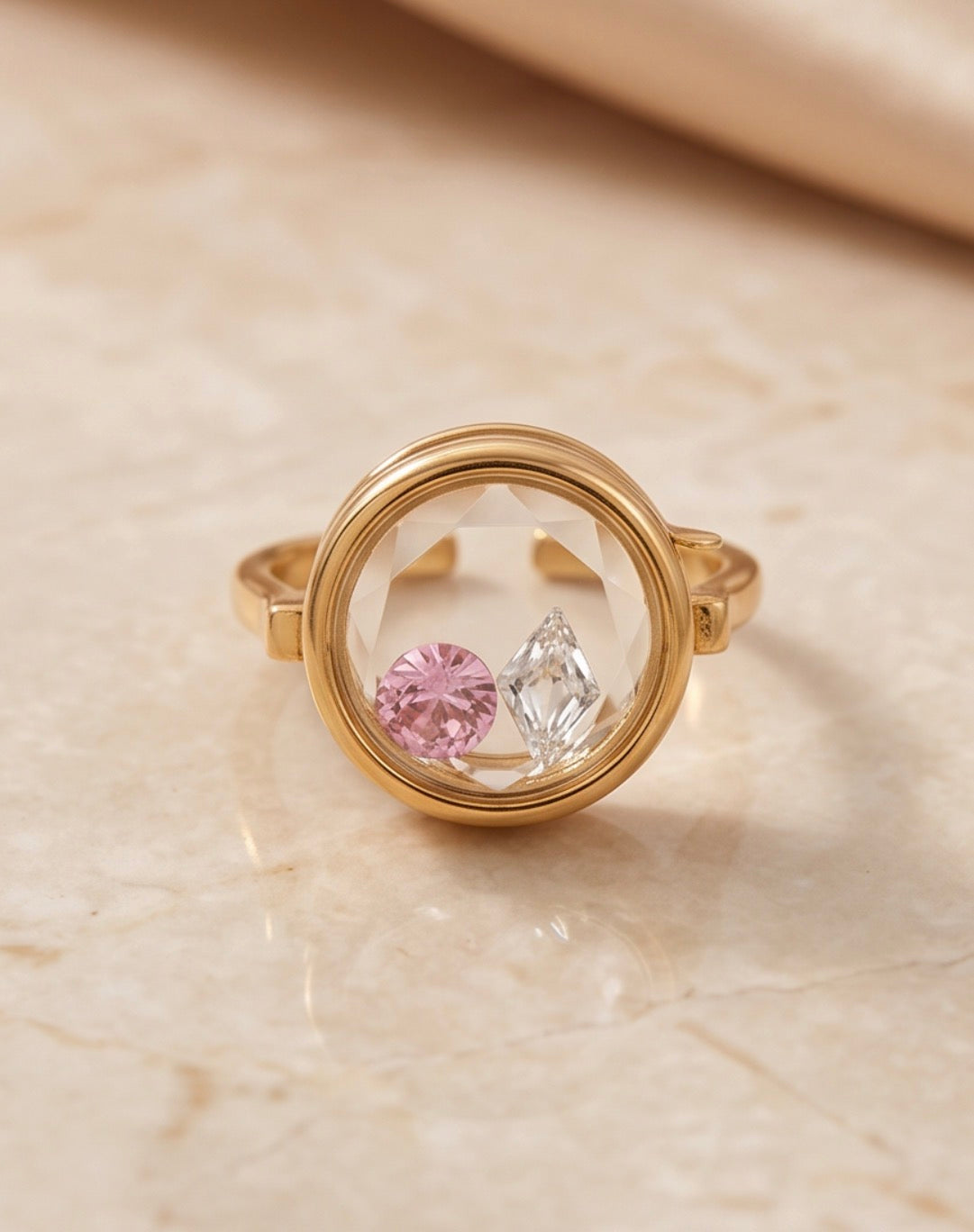 Memory Locket Oval Ring with Faceted Crystal - Adjustable Charm Holder