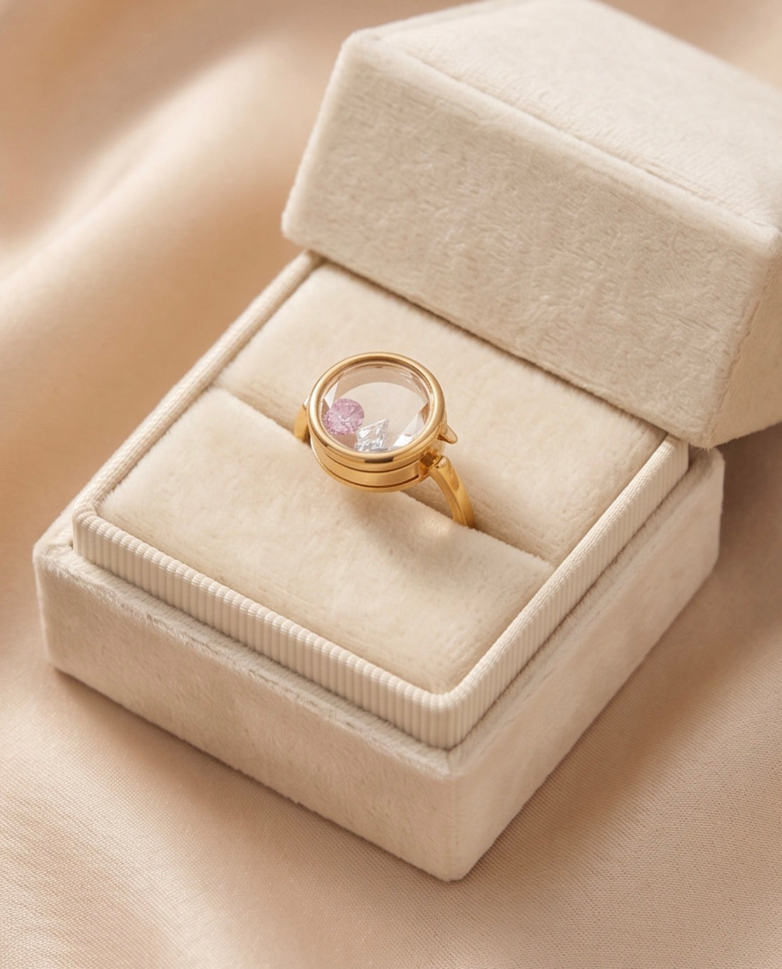 Memory Locket Oval Ring with Faceted Crystal - Adjustable Charm Holder