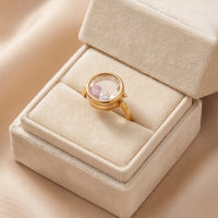 Memory Locket Oval Ring with Faceted Crystal - Adjustable Charm Holder