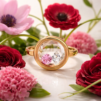 Memory Locket Oval Ring with Faceted Crystal - Adjustable Charm Holder