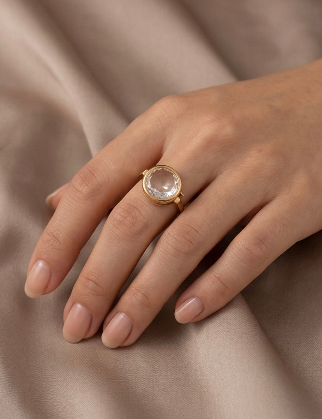 Memory Locket Oval Ring with Faceted Crystal - Adjustable Charm Holder