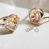 Memory Locket Oval Ring with Faceted Crystal - Adjustable Charm Holder