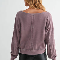 Raw Edge Waffle Knit Boatneck Pullover