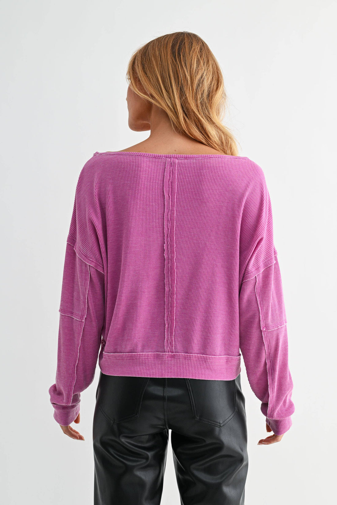 Raw Edge Waffle Knit Boatneck Pullover