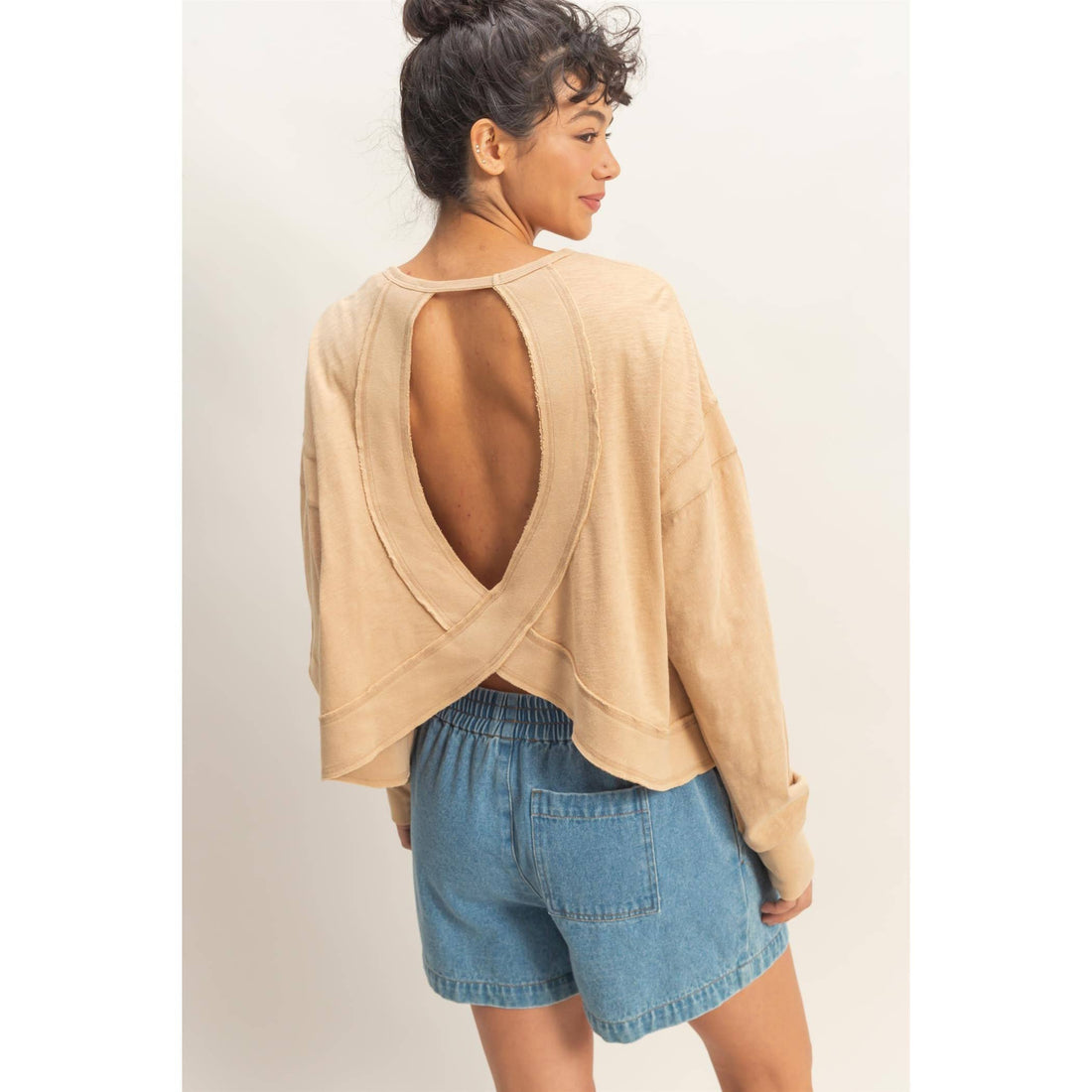 Cross Detail Open Back Long-Sleeve Top
