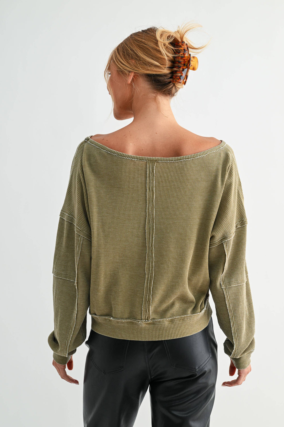 Raw Edge Waffle Knit Boatneck Pullover