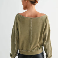 Raw Edge Waffle Knit Boatneck Pullover
