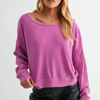 Raw Edge Waffle Knit Boatneck Pullover