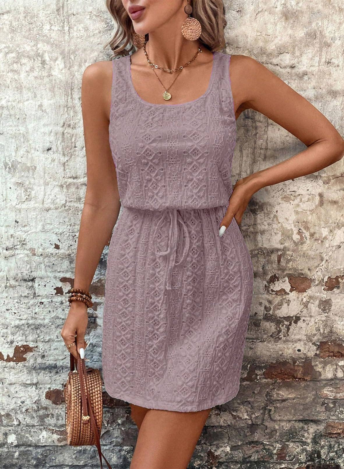 Sleeveless Lace Drawstring Dress